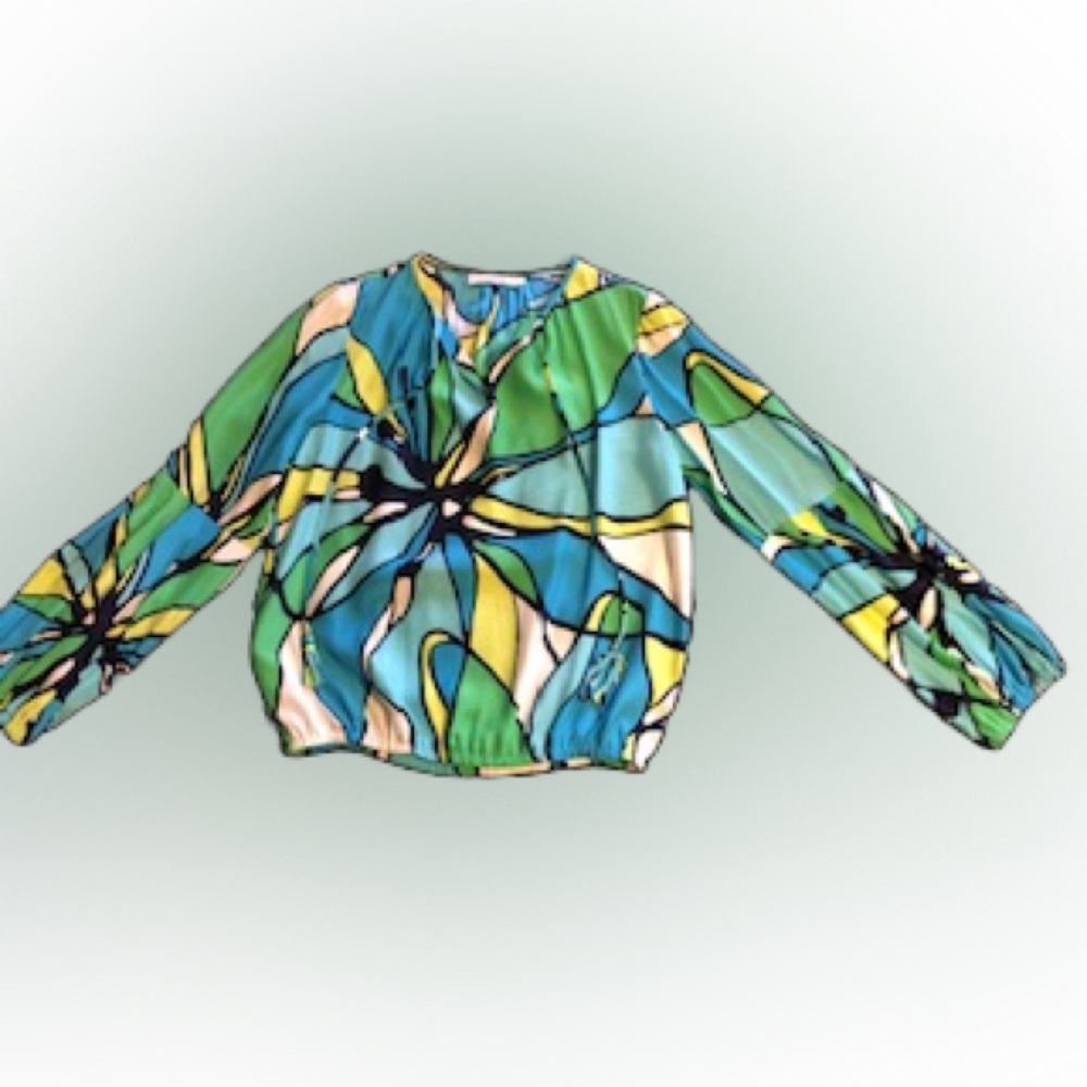 Alice & Trixie blue, green, yellow and white tie-neck blouse – size S